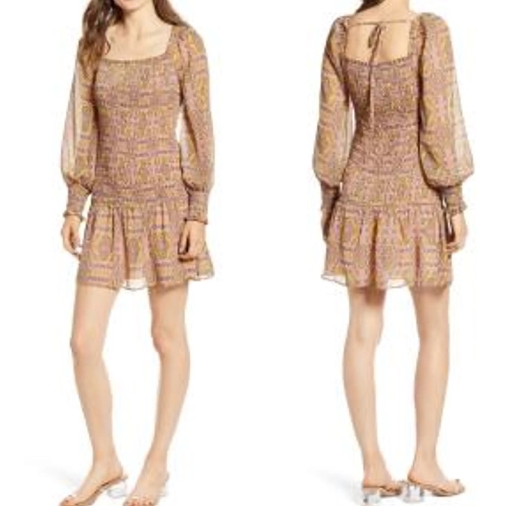 Moon river long sleeve smocked drop waist mini dress paisley print S
